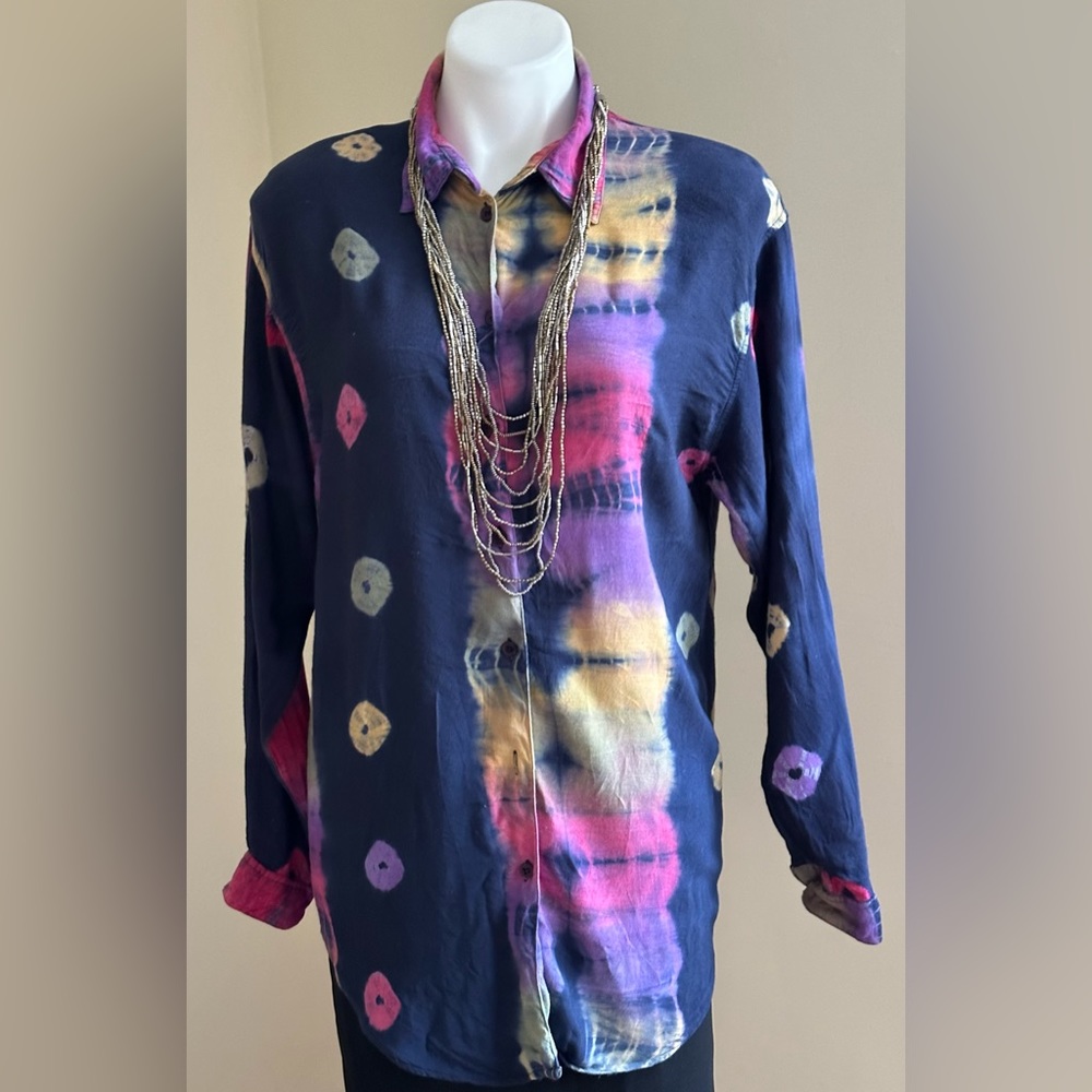 Lerner Vintage Blue Pink Purple Green Orange Tie Dye Long Button Blouse SZ S